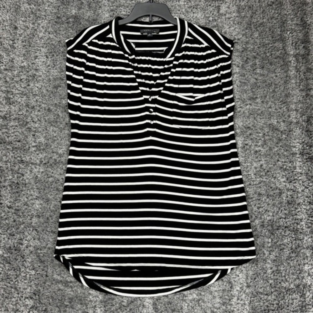 Spense Women's Small Black White‎ Tunic Top Stripe Henley Neck Cap Sleeve Shirt